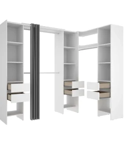 Vestidor de rincón Siles con cortina y 6 cajones acabado blanco, 205cm(alto) 234cm(ancho) 141cm(fondo)