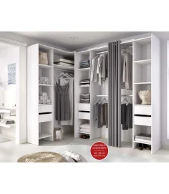 Vestidor de rincón Siles con cortina y 6 cajones acabado blanco, 205cm(alto) 234cm(ancho) 141cm(fondo)