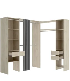 Vestidor de rincón Siles con cortina y cajones acabado natural, 205cm(alto) 214cm(ancho) 141cm(fondo)