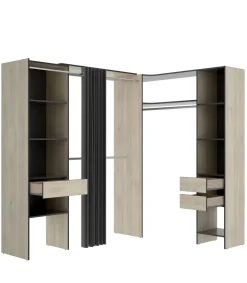 Vestidor de rincón Siles con cortina y cajones acabado natural/grafito, 205cm(alto) 214cm(ancho) 141cm(fondo)