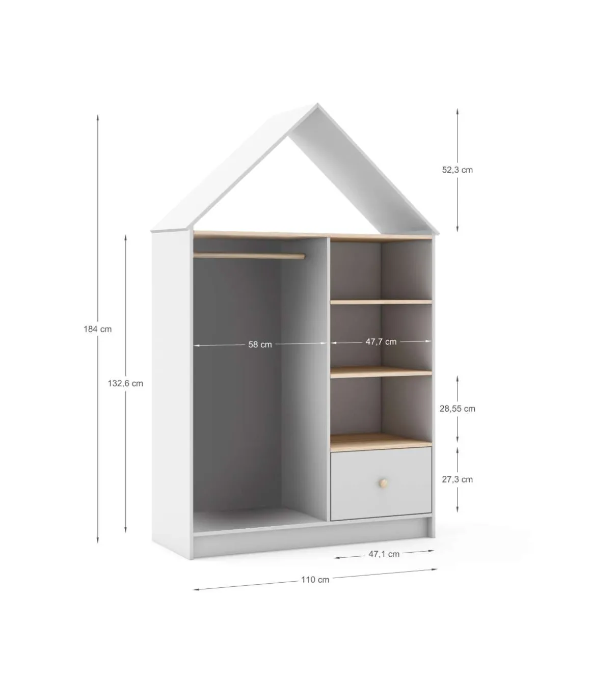 Vestidor juvenil tipo casita Estela 3 huecos y 1 cajón en blanco/cera blanca, 180cm(alto) 110cm(ancho) 45cm(fondo).