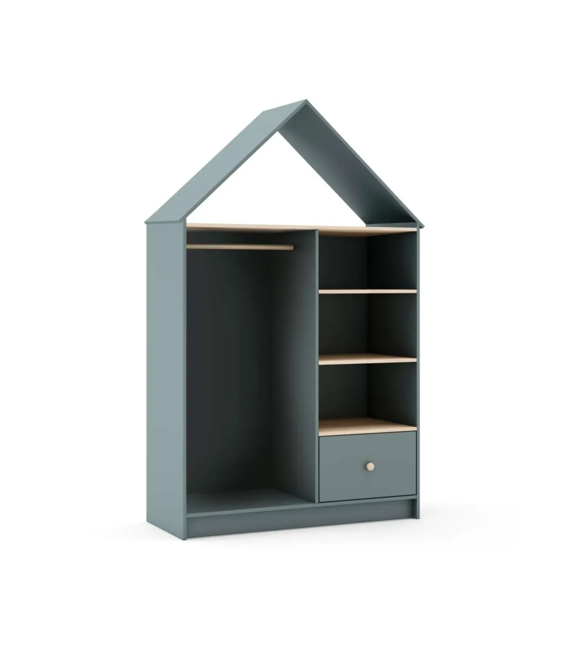 Vestidor juvenil tipo casita Estela 3 huecos y 1 cajón en verde kaki/cera blanca, 180cm(alto) 110cm(ancho) 45cm(fondo).