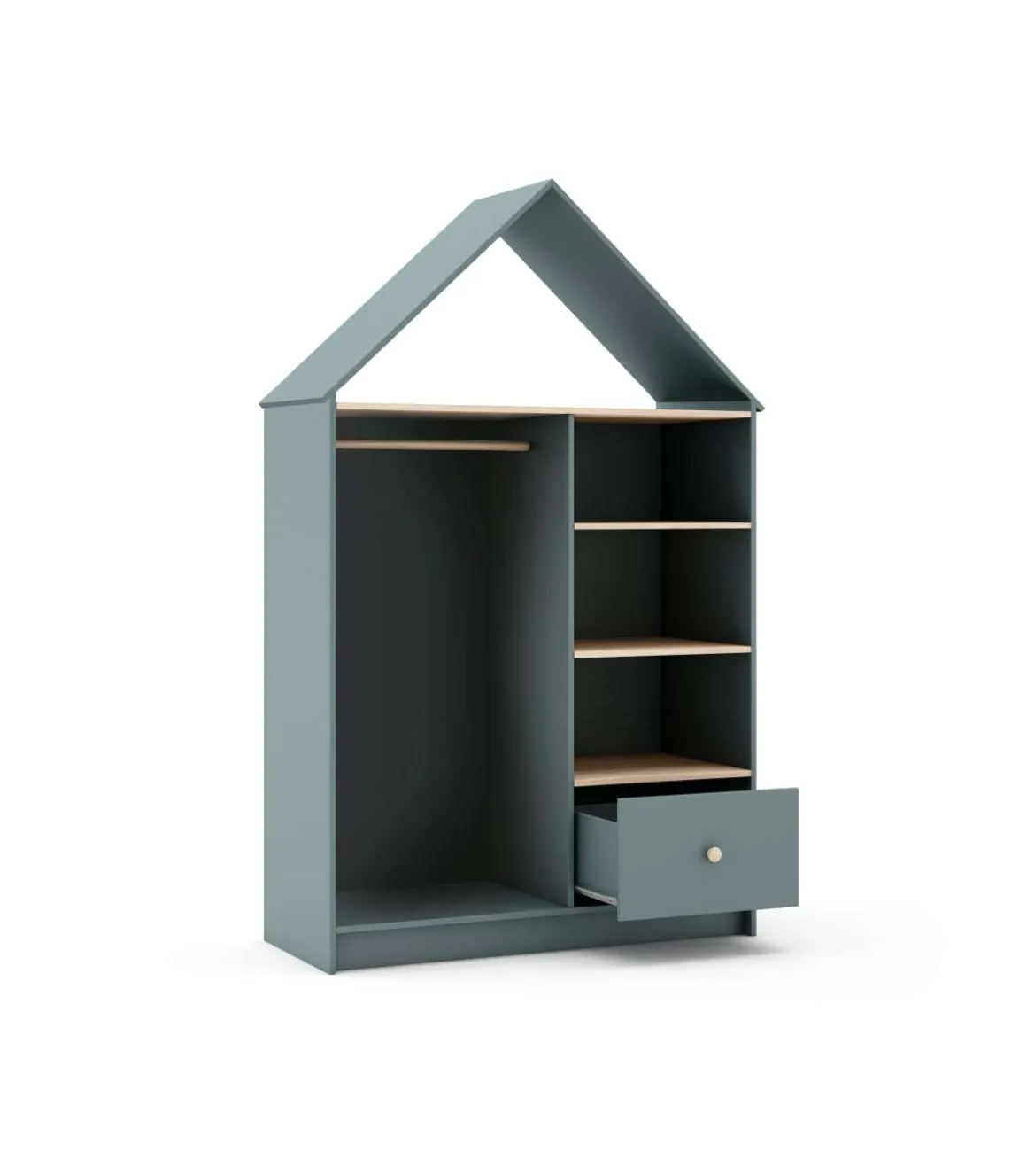Vestidor juvenil tipo casita Estela 3 huecos y 1 cajón en verde kaki/cera blanca, 180cm(alto) 110cm(ancho) 45cm(fondo).