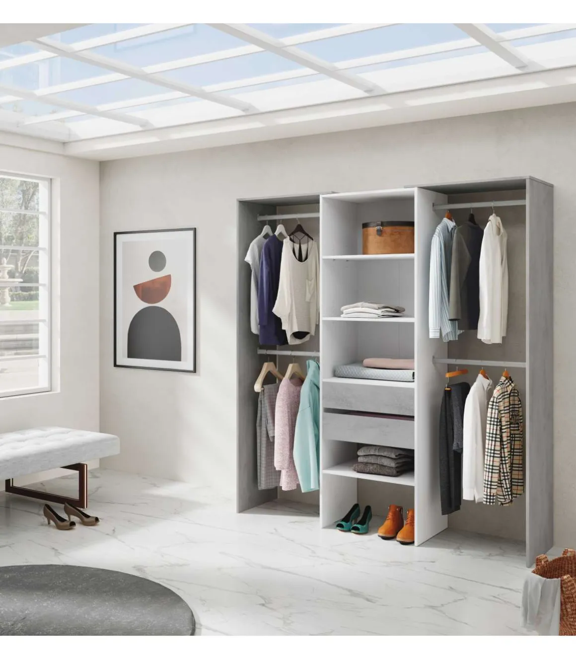 Vestidor para dormitorio con baldas y dos cajones acabado blanco artik/cemento, 202cm(alto) 179cm(ancho) 50cm(fondo)