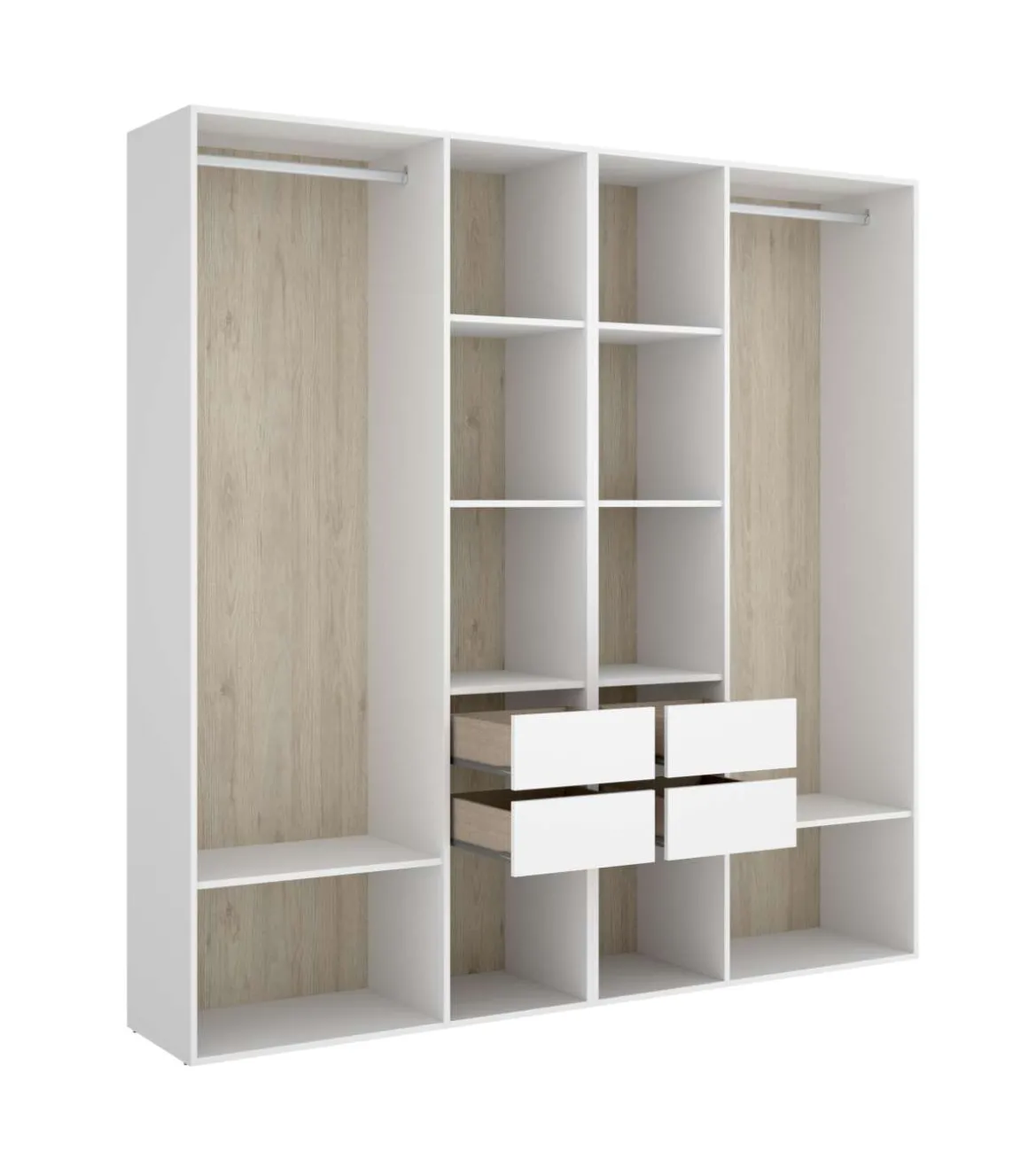 Vestidor Reus 4 cajones, 10 huecos y trasera reversible en blanco/natural, 205cm(alto) 196cm(ancho) 45cm(fondo)