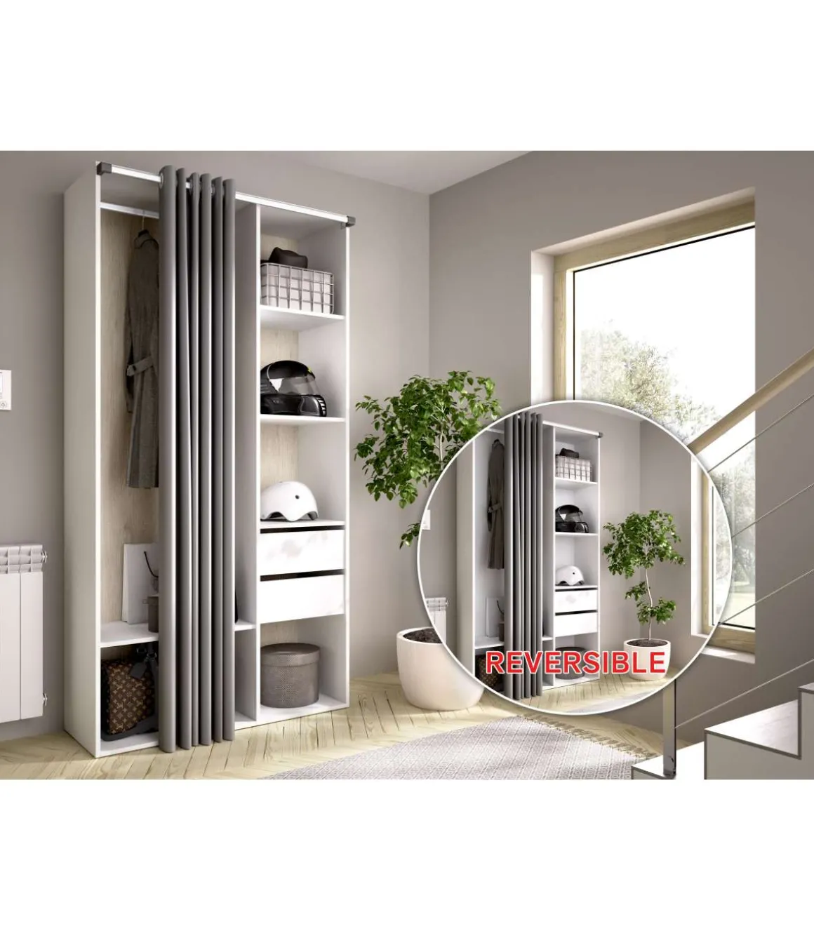 Vestidor Reus 2 cajones, trasera reversible y cortina en blanco/natural, 205cm(alto) 98cm(ancho) 45cm(fondo)