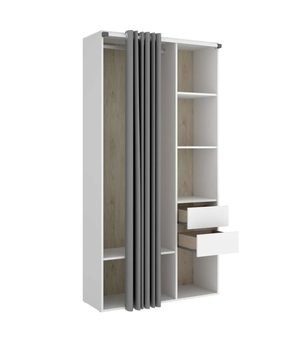 Vestidor Reus 2 cajones, trasera reversible y cortina en blanco/natural, 205cm(alto) 98cm(ancho) 45cm(fondo)