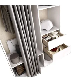 Vestidor Reus 2 cajones, trasera reversible y cortina en blanco/natural, 205cm(alto) 98cm(ancho) 45cm(fondo)