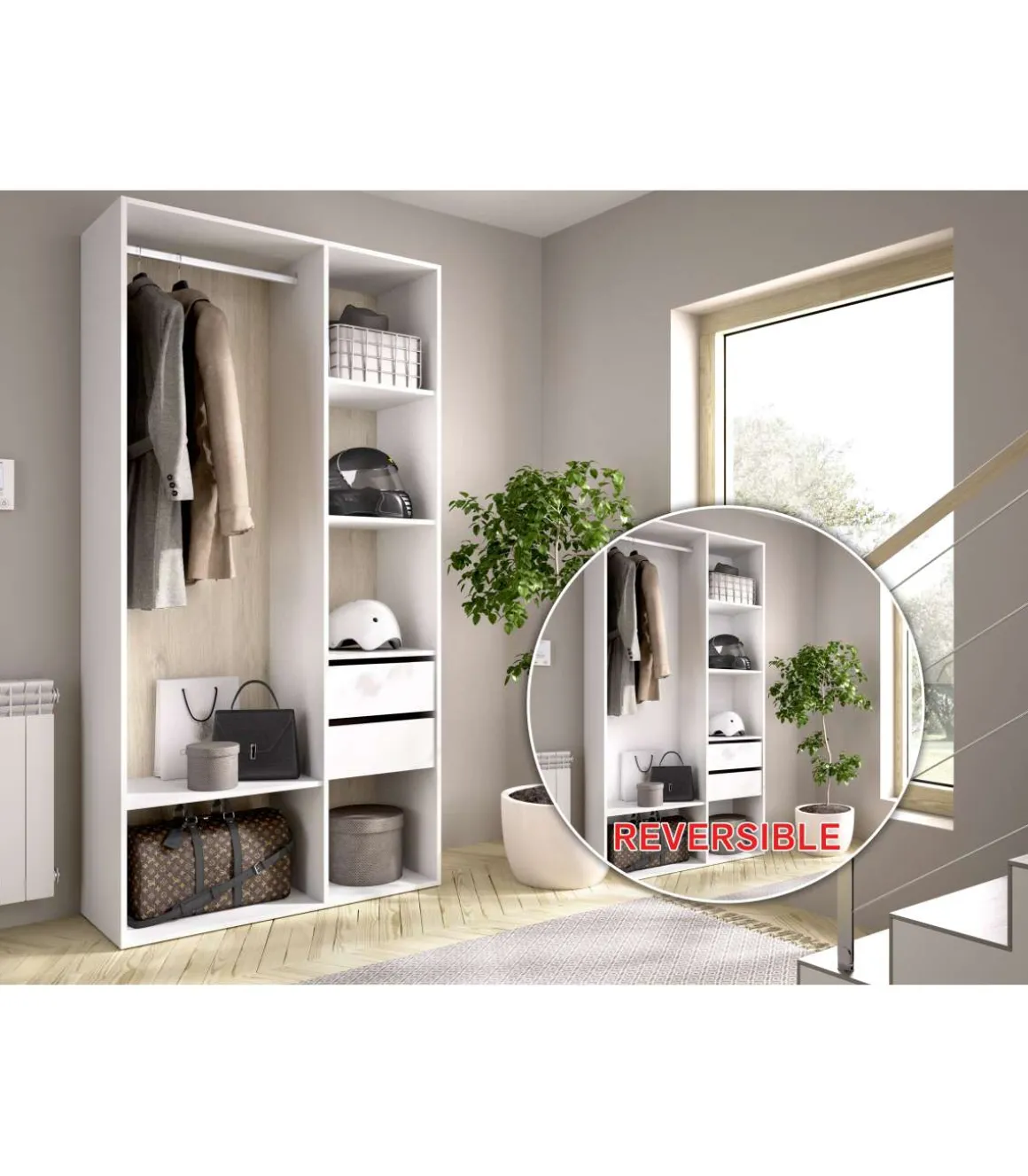 Vestidor Reus 2 cajones y trasera reversible en blanco/natural, 205cm(alto) 98cm(ancho) 45cm(fondo)