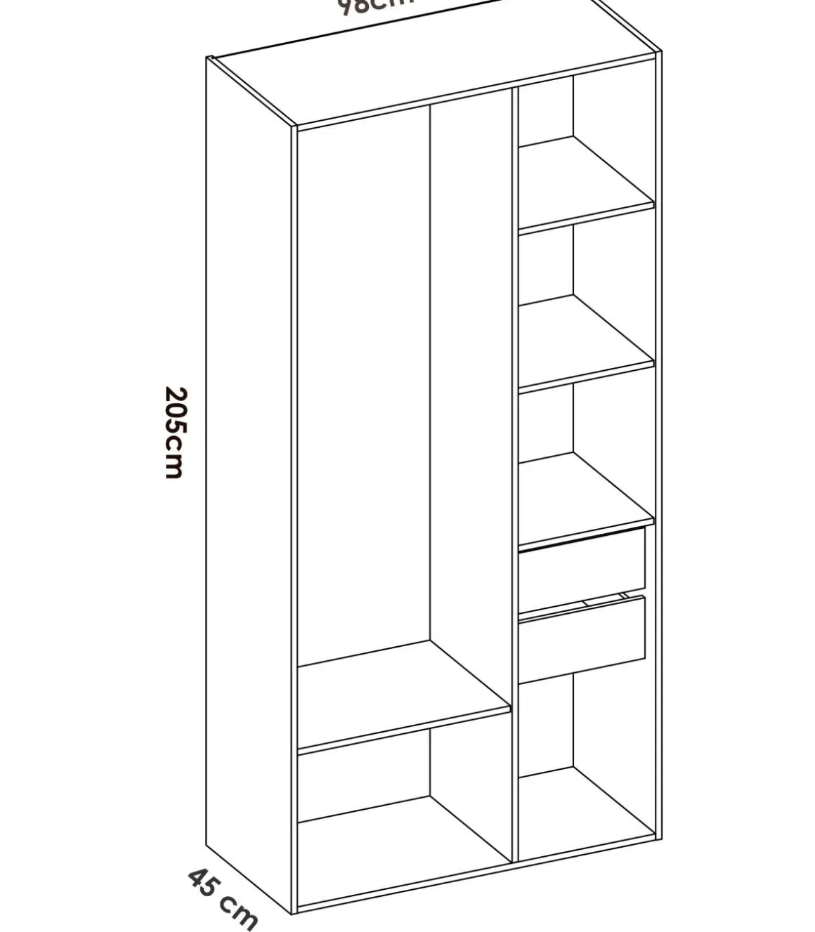 Vestidor Reus 2 cajones y trasera reversible en blanco/natural, 205cm(alto) 98cm(ancho) 45cm(fondo)