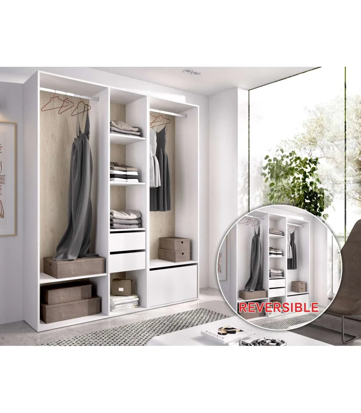 Vestidor Reus 2 cajones, zapatero y trasera reversible en blanco/natural, 205cm(alto) 158cm(ancho) 45cm(fondo)