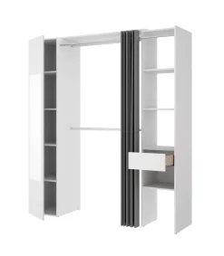 Vestidor Rus I con columna cerrada espejo cortina y baldas en blanco 205 cm(alto)177,4 cm(ancho)52 cm(fondo)