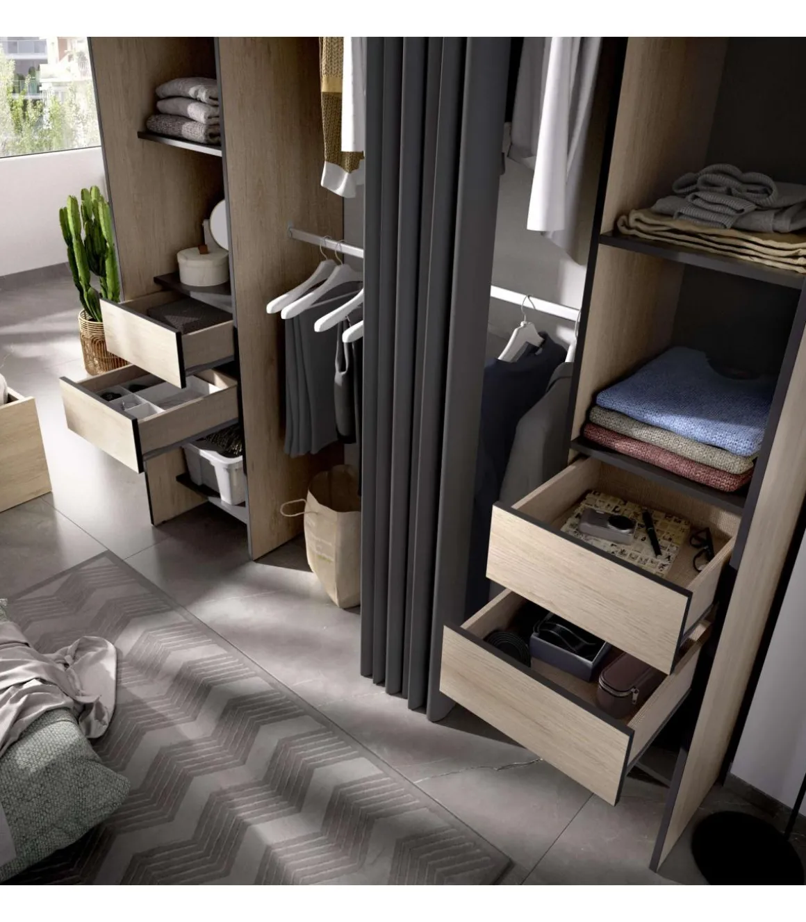 Vestidor Siles con cortina y baldas acabado natural/grafito 203 cm(alto)180 cm(ancho)50 cm(fondo)