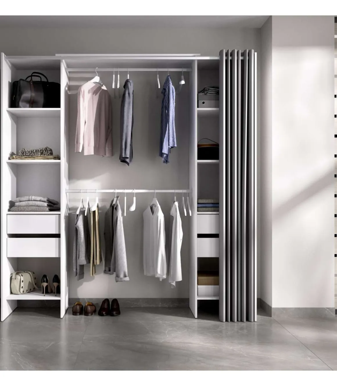 Vestidor Siles con cortina y cajones en acabado blanco, 203 cm(alto)180 cm(ancho)50 cm(fondo)