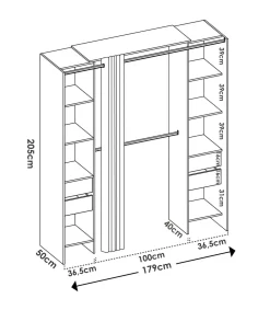 Vestidor Siles con cortina y cajones en acabado blanco, 203 cm(alto)180 cm(ancho)50 cm(fondo)