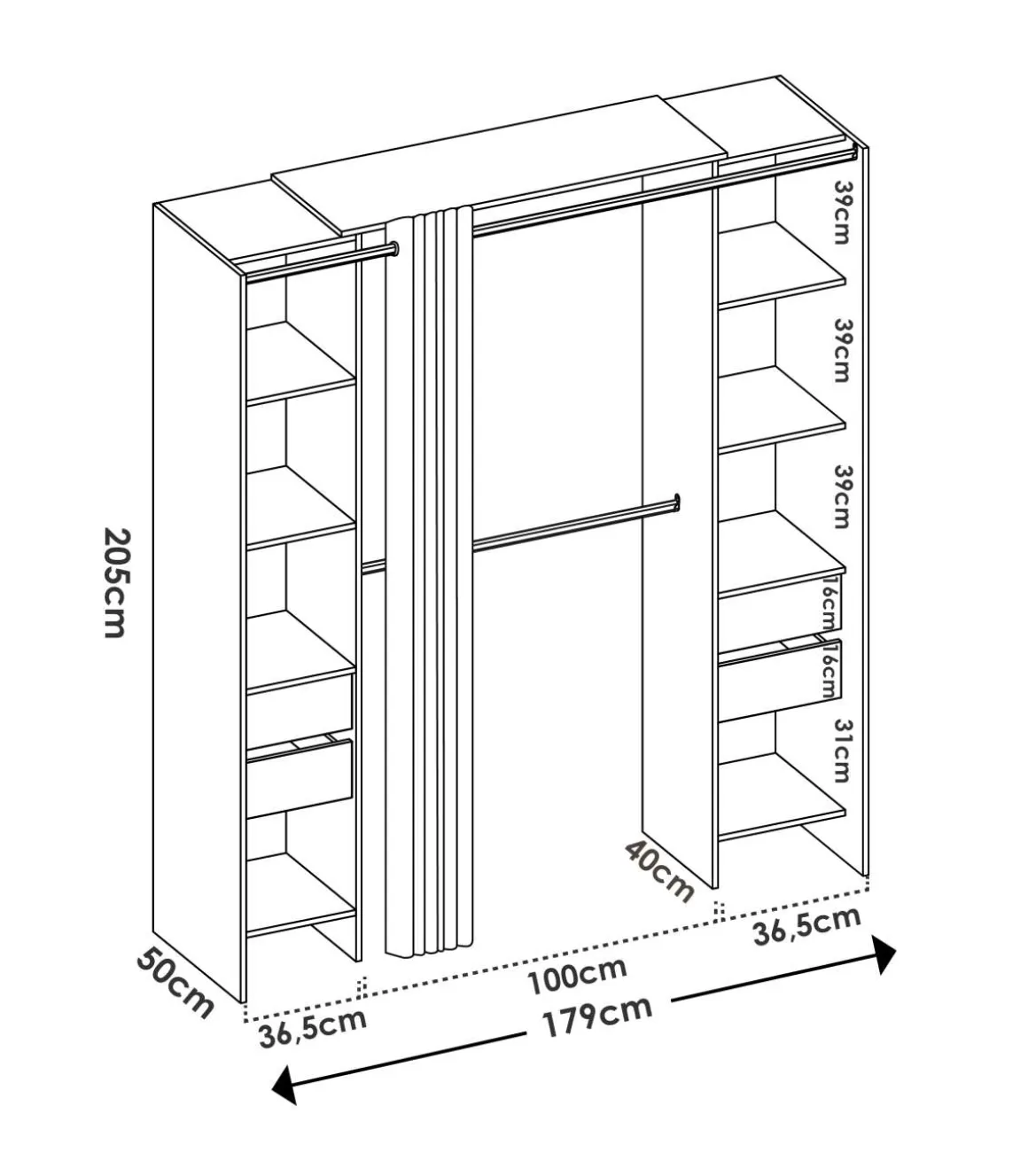 Vestidor Siles con cortina y cajones en acabado blanco, 203 cm(alto)180 cm(ancho)50 cm(fondo)