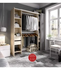 Vestidor Siles con cortina y cajones en acabado natural, 203 cm(alto)180 cm(ancho)50 cm(fondo)