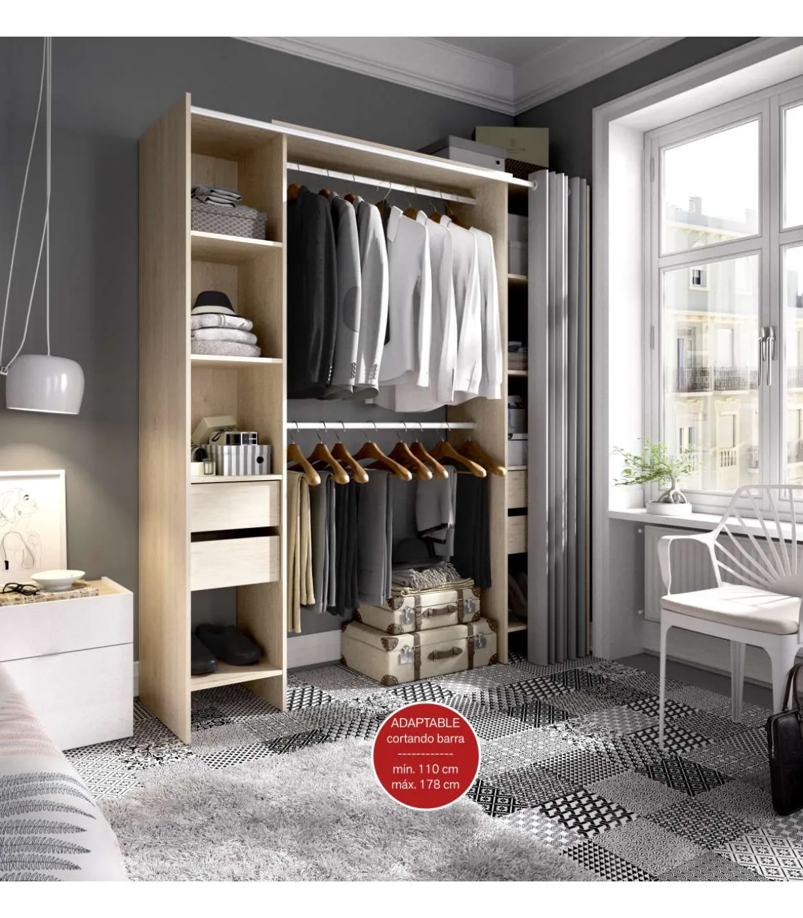 Vestidor Siles con cortina y cajones en acabado natural, 203 cm(alto)180 cm(ancho)50 cm(fondo)