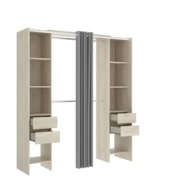 Vestidor Siles con cortina y cajones en acabado natural, 203 cm(alto)180 cm(ancho)50 cm(fondo)