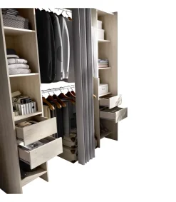 Vestidor Siles con cortina y cajones en acabado natural, 203 cm(alto)180 cm(ancho)50 cm(fondo)