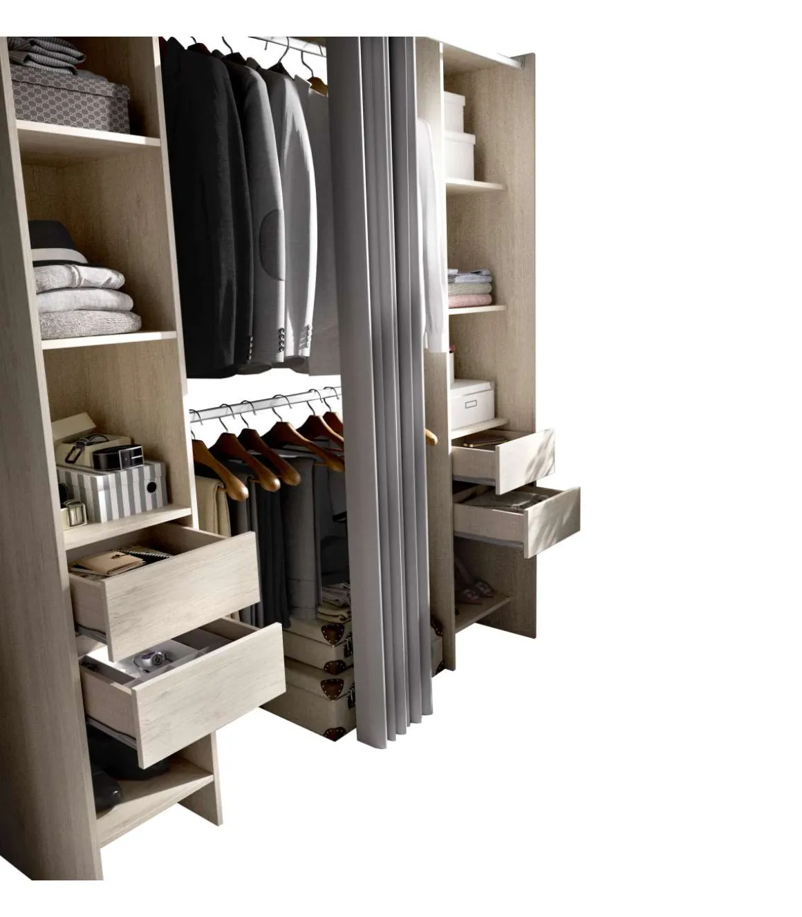 Vestidor Siles con cortina y cajones en acabado natural, 203 cm(alto)180 cm(ancho)50 cm(fondo)