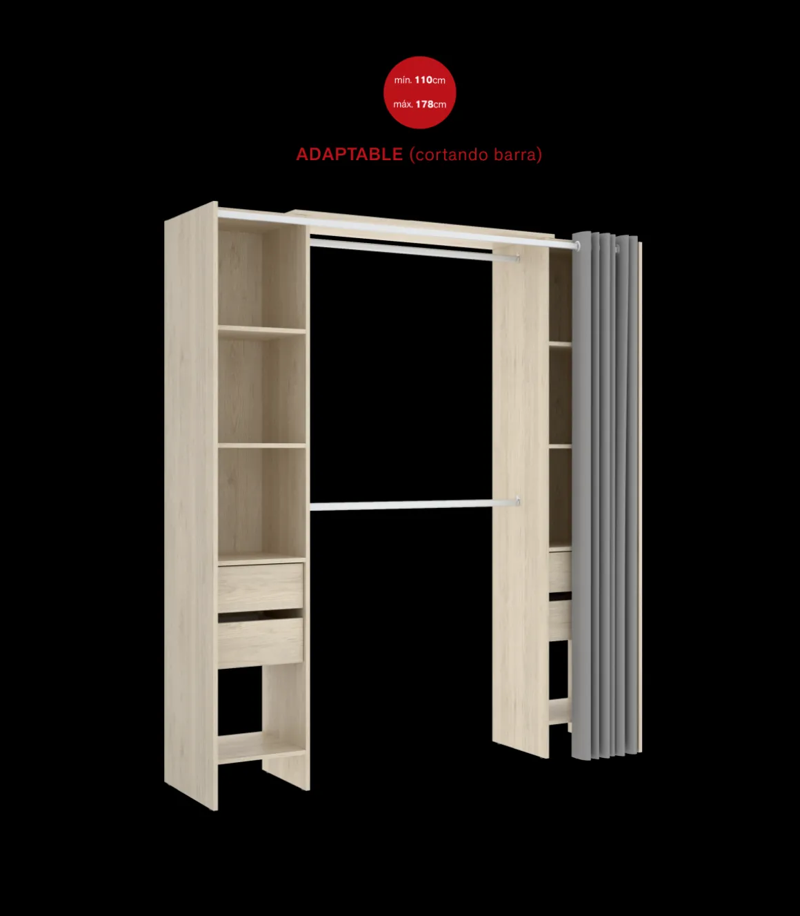 Vestidor Siles con cortina y cajones en acabado natural, 203 cm(alto)180 cm(ancho)50 cm(fondo)