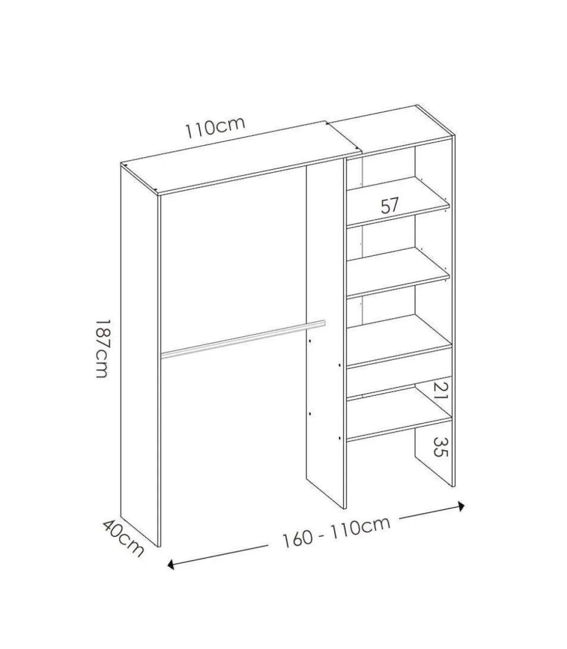Vestidor Siles para dormitorio 3 baldas y 1 cajon en blanco 187 cm(alto)160 cm(ancho)40 cm(fondo).