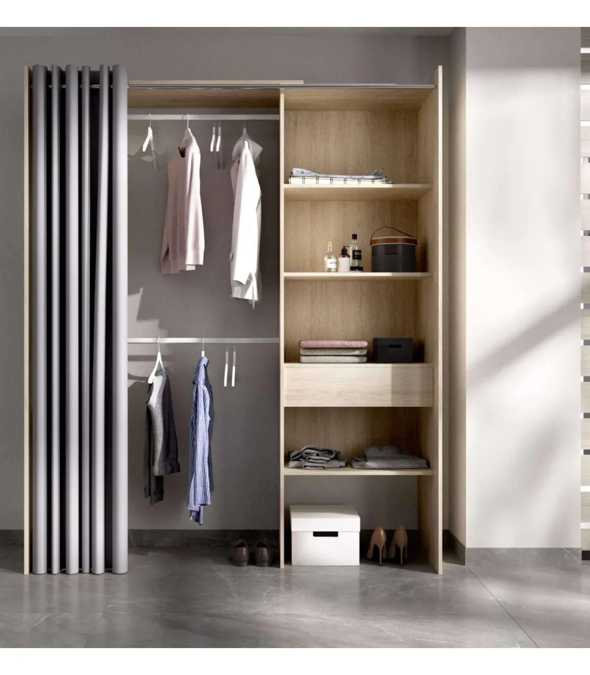 Vestidor Siles para dormitorio con cortina, 3 baldas y 1 cajon en roble natural 205 cm(alto)160 cm(ancho)50 cm(fondo)