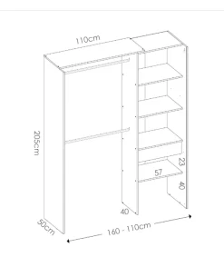 Vestidor Siles para dormitorio con cortina, 3 baldas y 1 cajon en roble natural 205 cm(alto)160 cm(ancho)50 cm(fondo)
