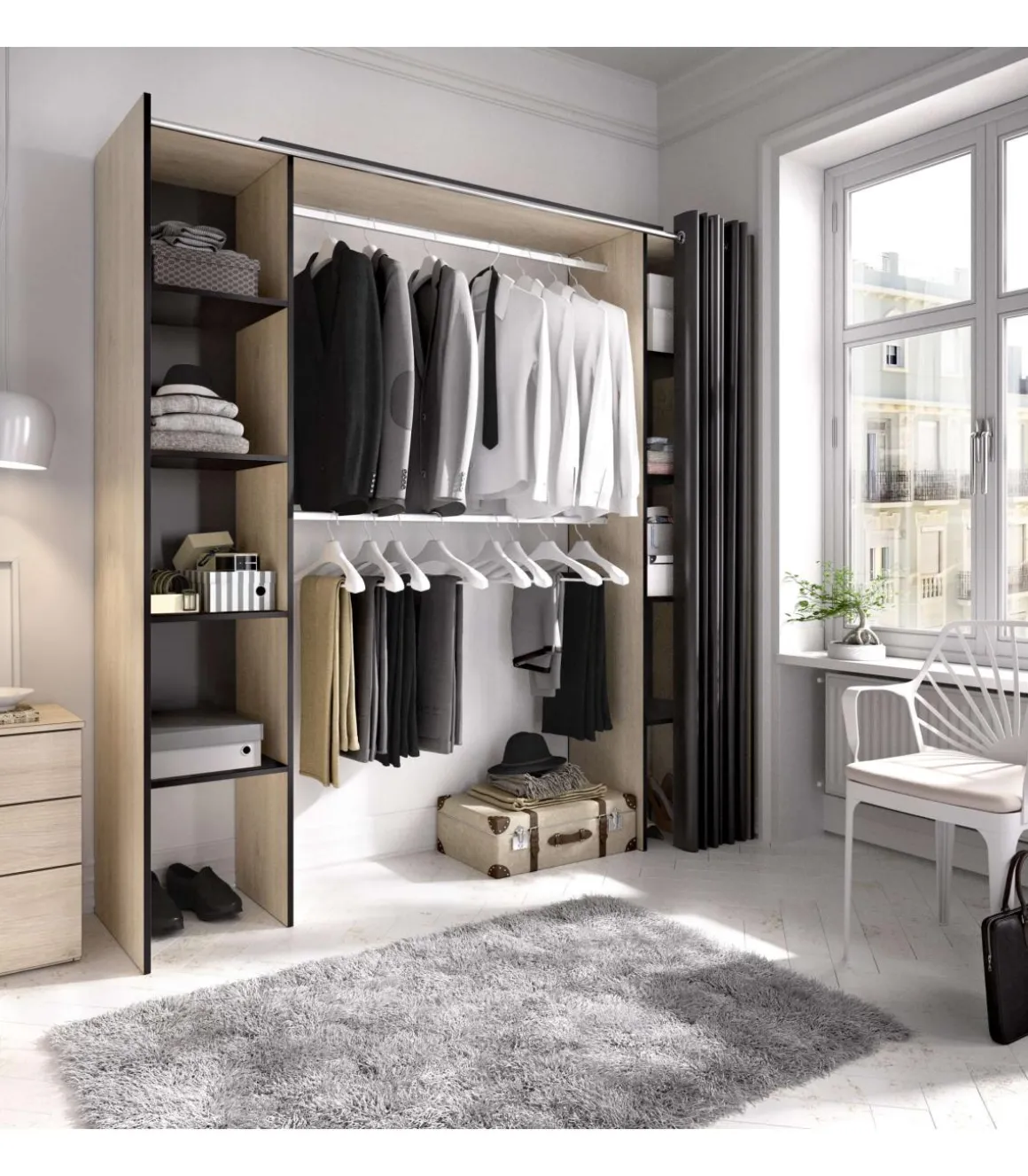Vestidor Siles para dormitorio con cortina y baldas en natural-grafito 205-203 cm(alto)180 cm(ancho)50 cm(fondo)