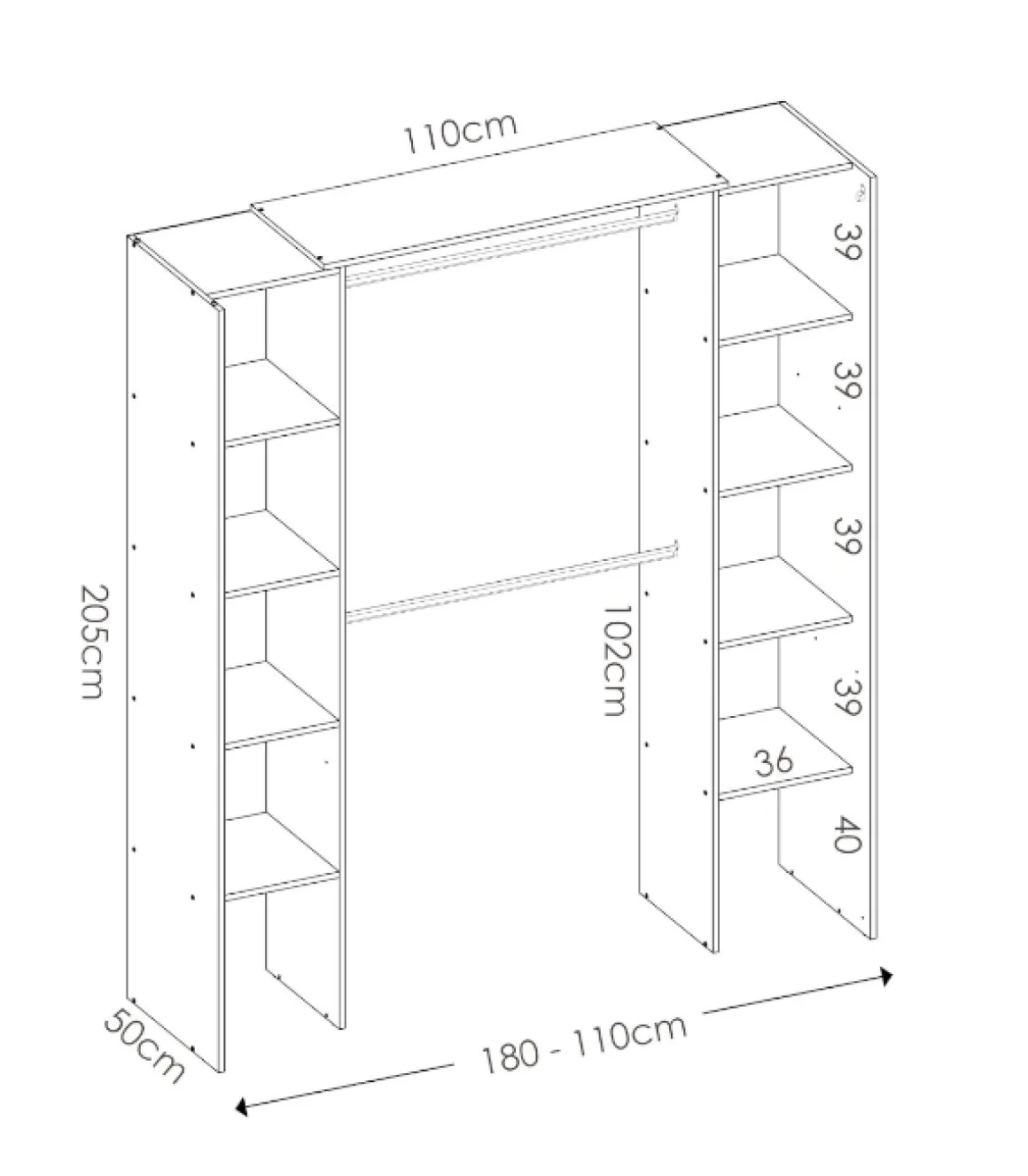 Vestidor Siles para dormitorio con cortina y baldas en natural-grafito 205-203 cm(alto)180 cm(ancho)50 cm(fondo)