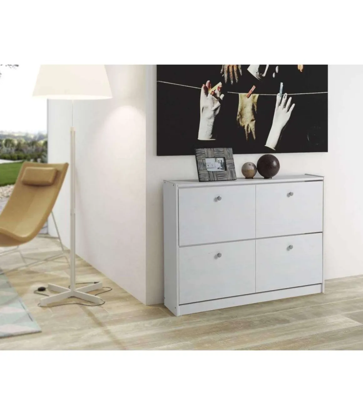Zapatero de madera dos trampones tabac en acabado blanco lavado 80 cm(alto)110 cm(ancho)23 cm(largo)