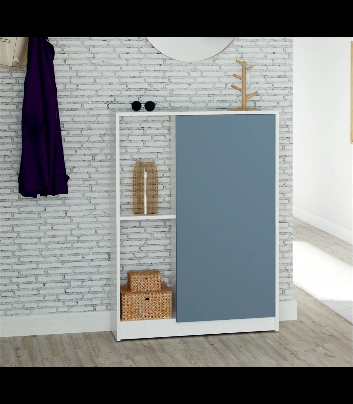 Zapatero o recibidor Neo una puerta y dos huecos acabado blanco/azul. 110 cm(alto)80 cm(ancho)25 cm(fondo)