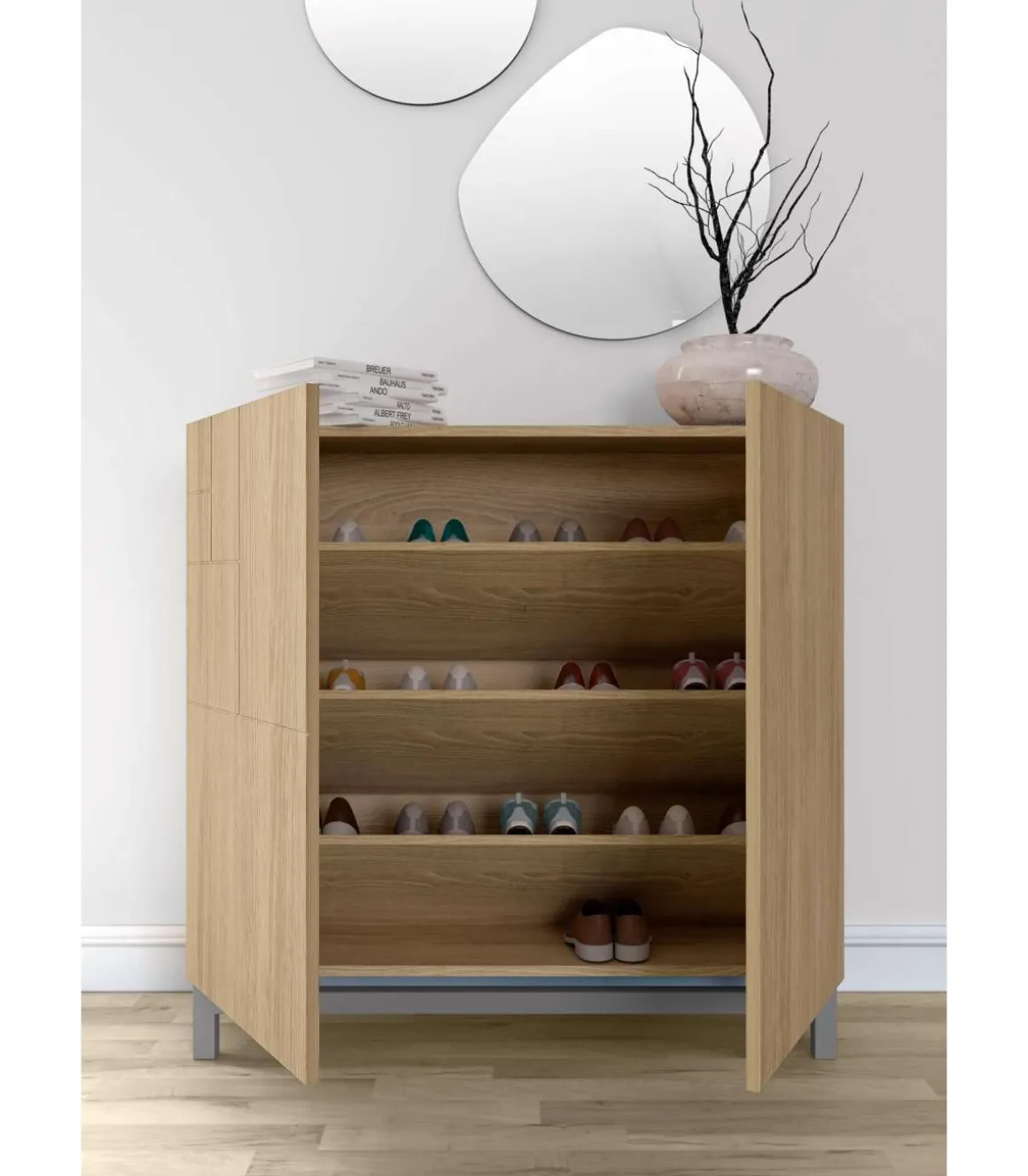 Zapatero 2 puertas modelo 513 acabado roble oscuro patas grises, 90x90x27 (alto x ancho x fondo)