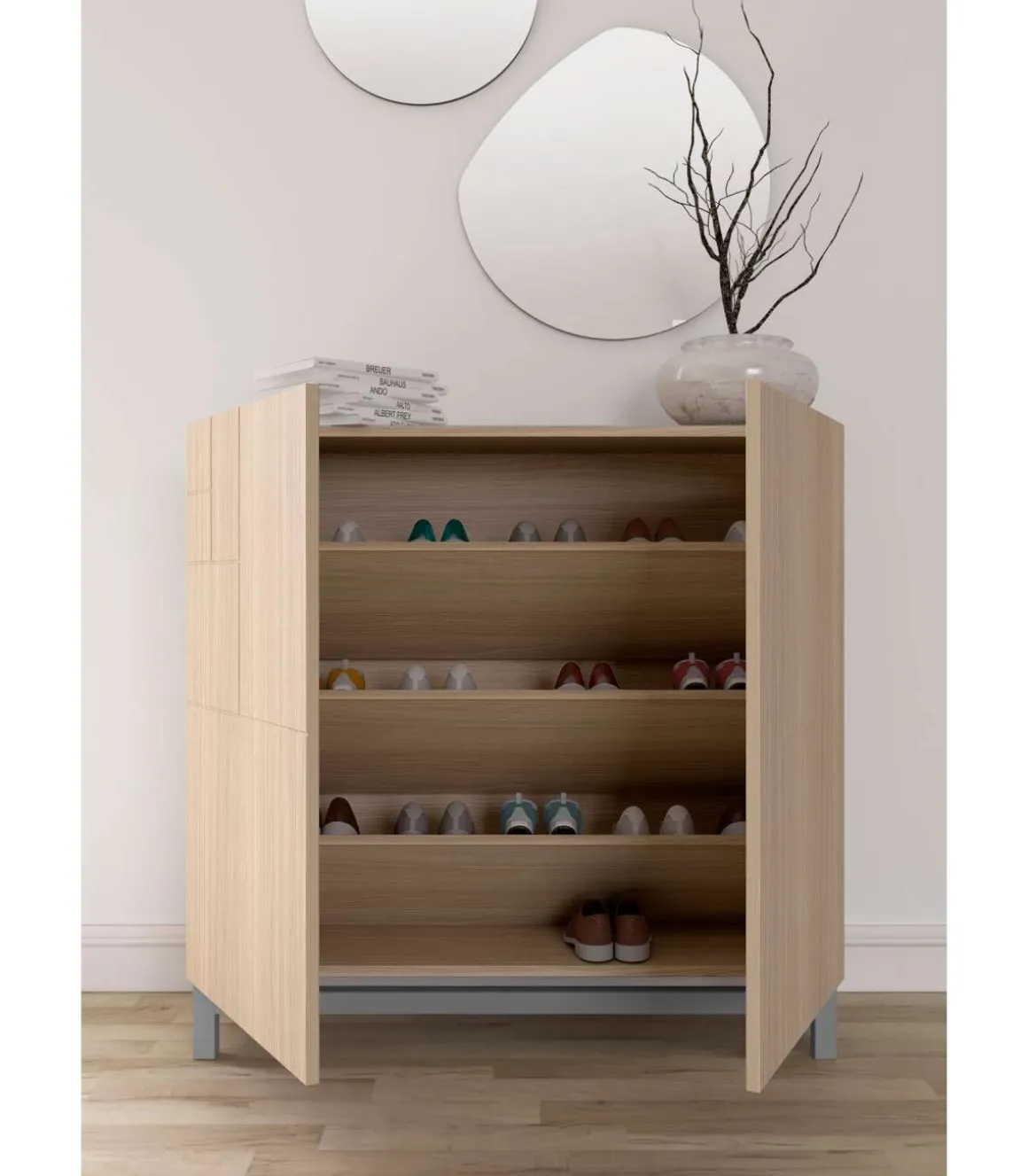 Zapatero 2 puertas modelo 513 acabado nogal oscuro patas grises, 90x90x27 (alto x ancho x fondo)