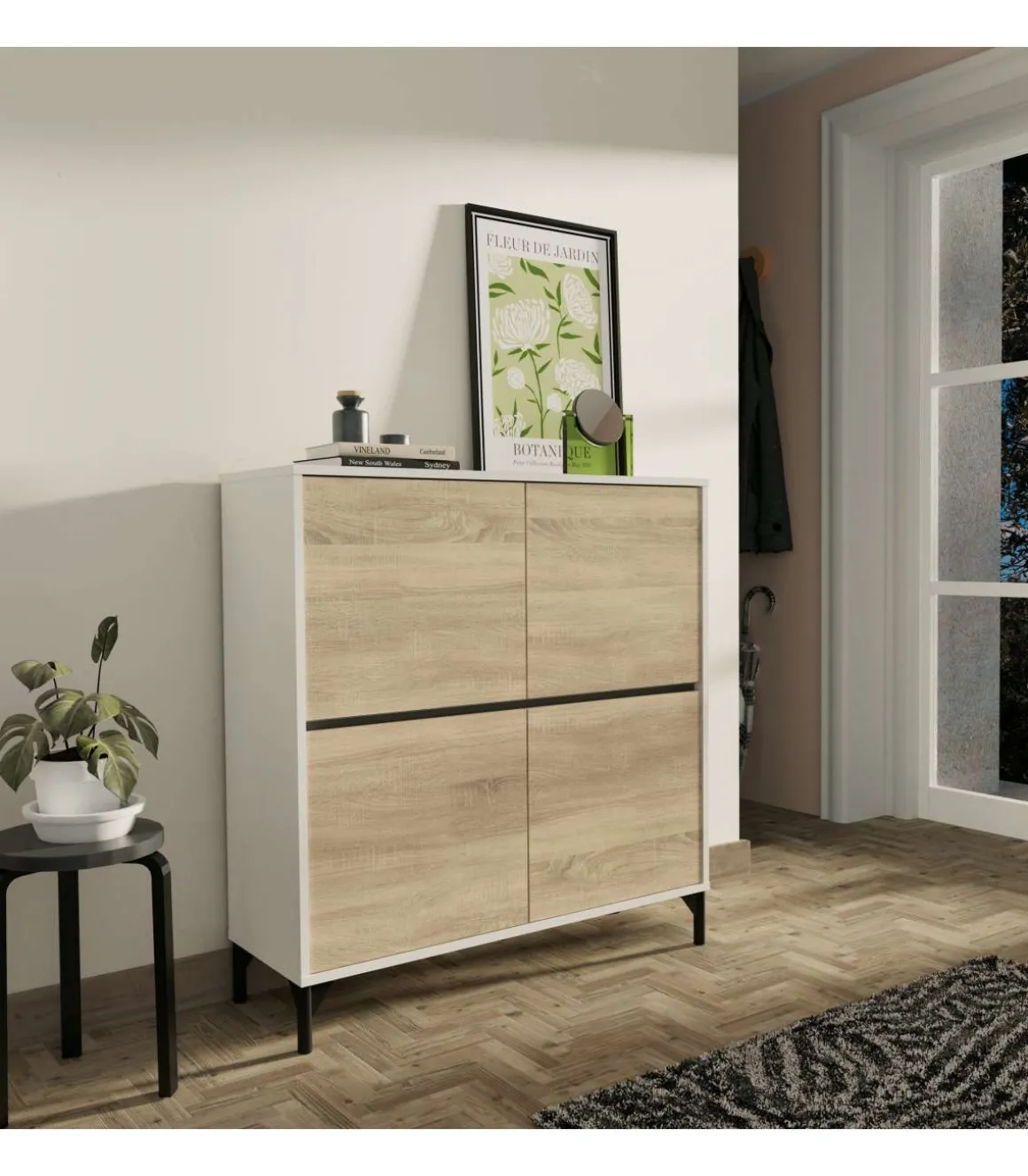 Zapatero 4 puertas Tokio en roble cambrian/blanco. 101cm(ancho) 96.5cm(altura) 33cm(fondo)