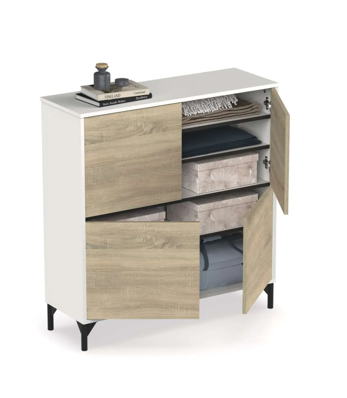 Zapatero 4 puertas Tokio en roble cambrian/blanco. 101cm(ancho) 96.5cm(altura) 33cm(fondo)