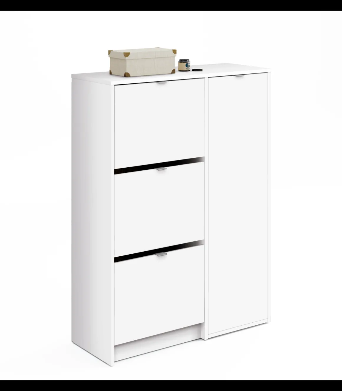 Zapatero 3 trampones y una puerta Trevi en blanco brillo. 85 cm(ancho) 122 cm(altura) 37 cm(fondo)